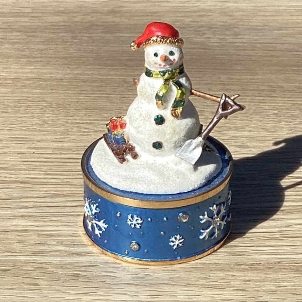 Fitz and Floyd Musical Snowman Trinket Box Red Hat Snowflakes Gold Christmas‎